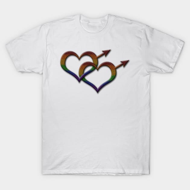 Gay Pride Rainbow Colored Heart Shaped Overlapping Male Gender Symbols T-Shirt by LiveLoudGraphics